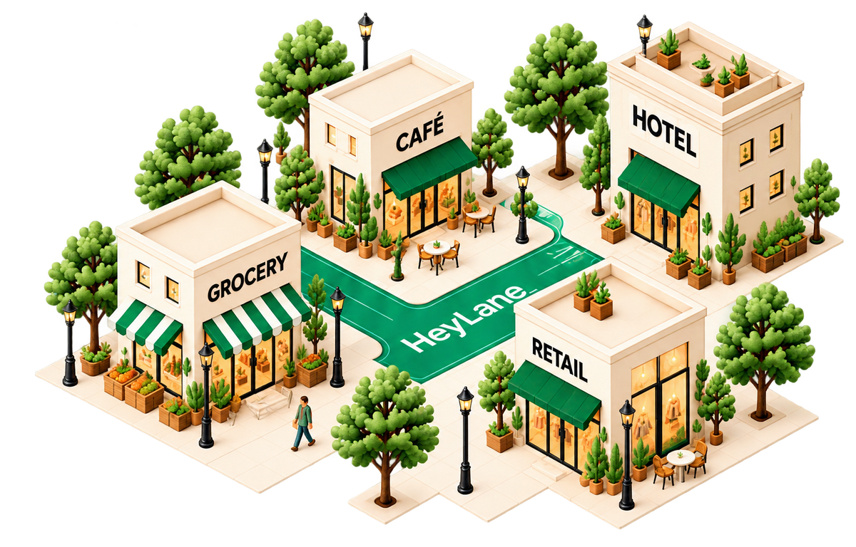HeyLane About HeyLane — a detailed neighbourhood business illustration