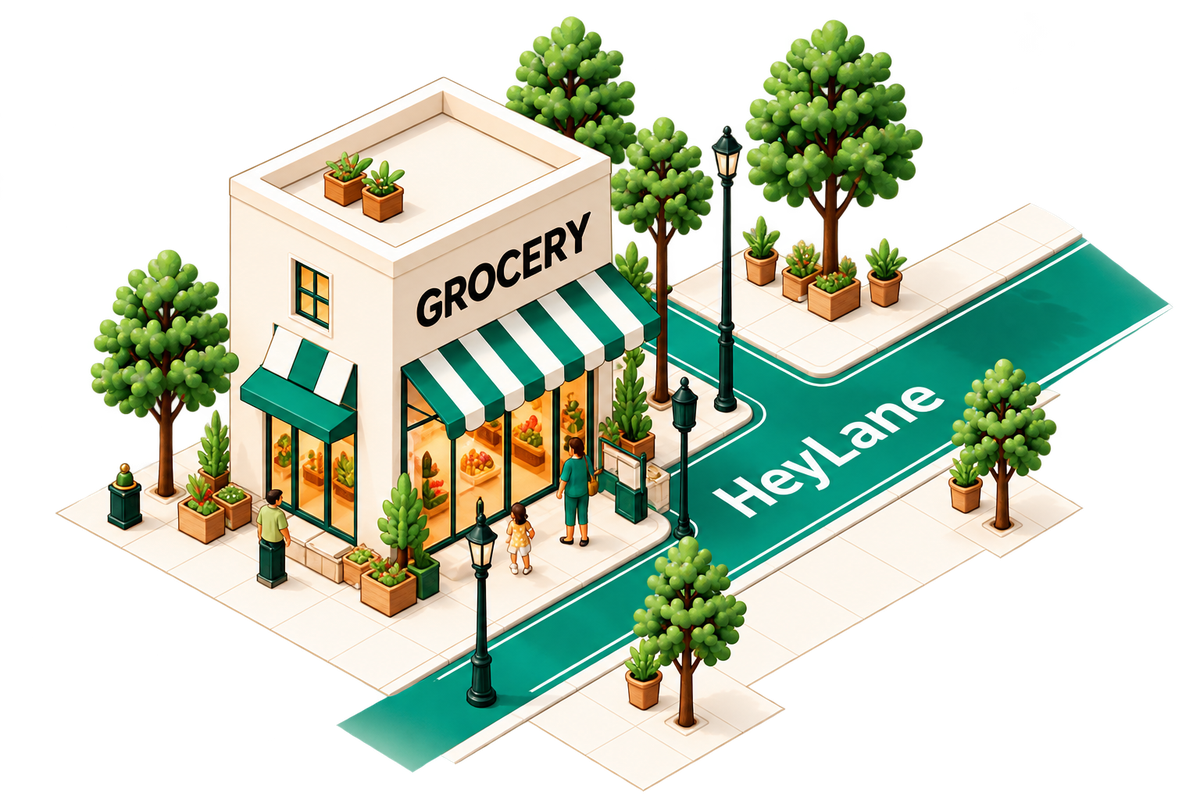HeyLane Book a demo — a detailed neighbourhood business illustration
