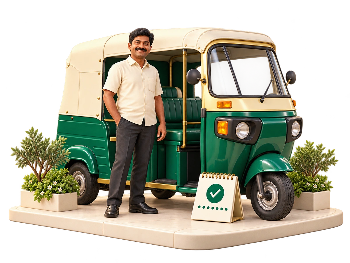 Driver beside an auto-rickshaw and monthly-plan calendar