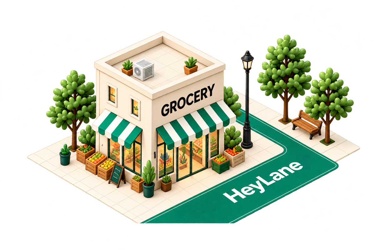 HeyLane Get started — a detailed neighbourhood business illustration