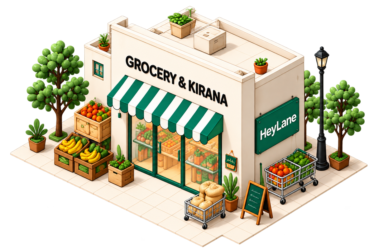 HeyLane Grocery & Kirana — a detailed neighbourhood business illustration