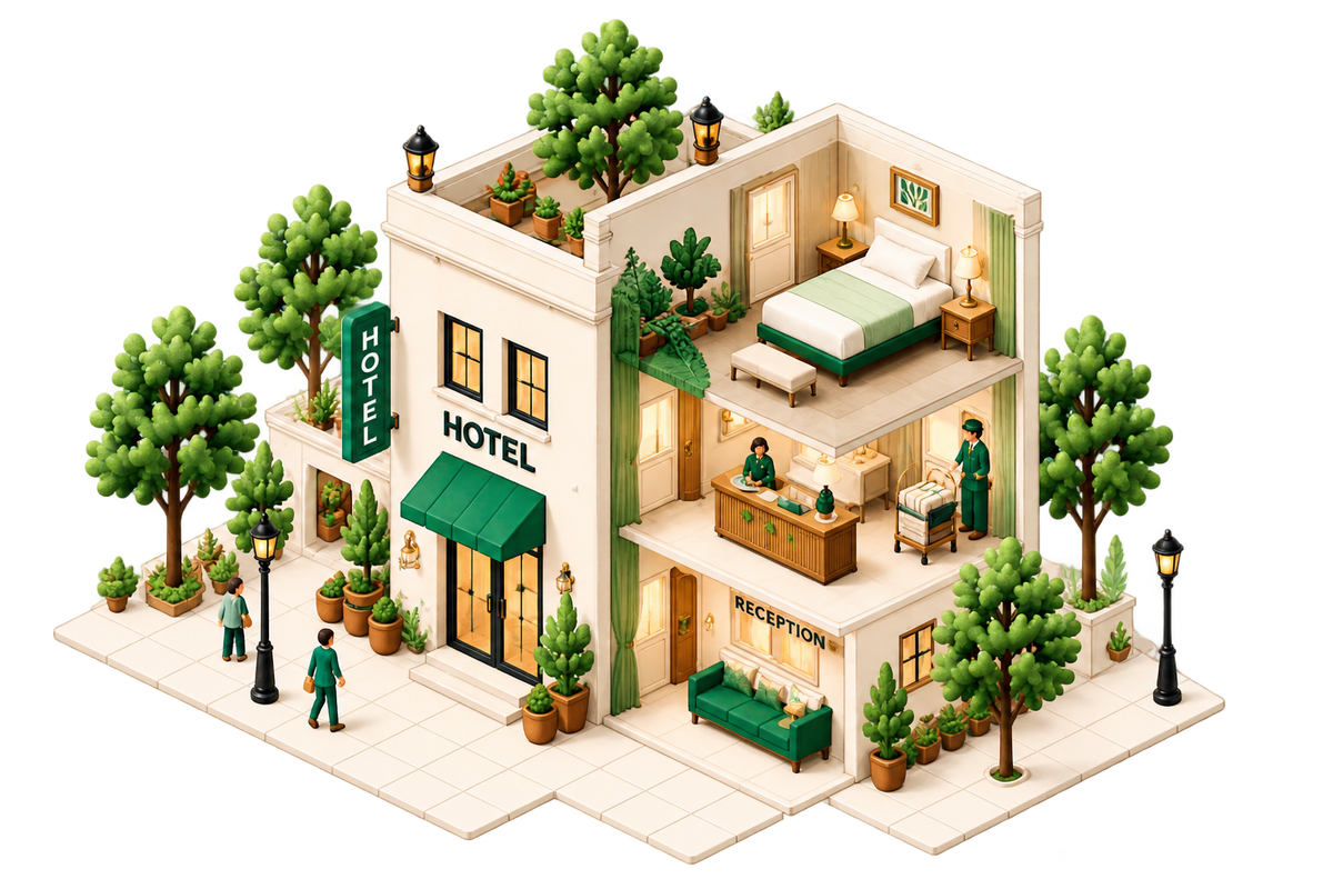 HeyLane Hotels — a detailed neighbourhood business illustration