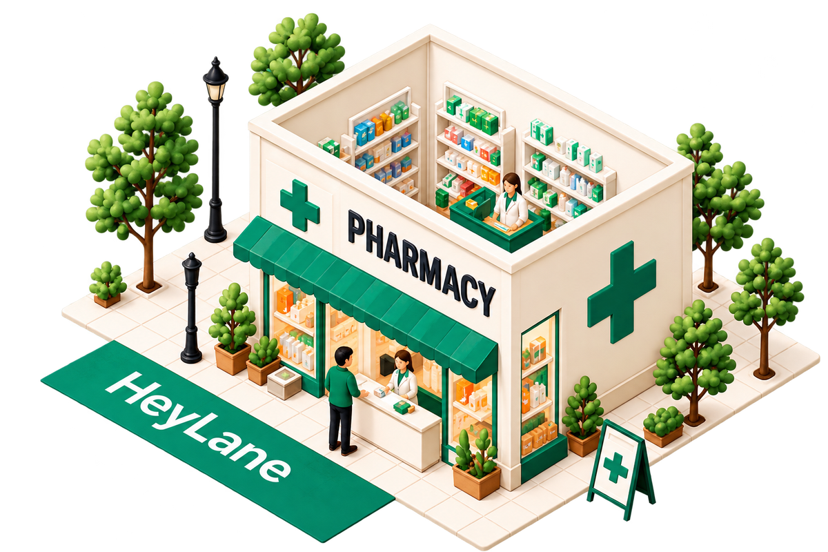 HeyLane Pharmacies — a detailed neighbourhood business illustration