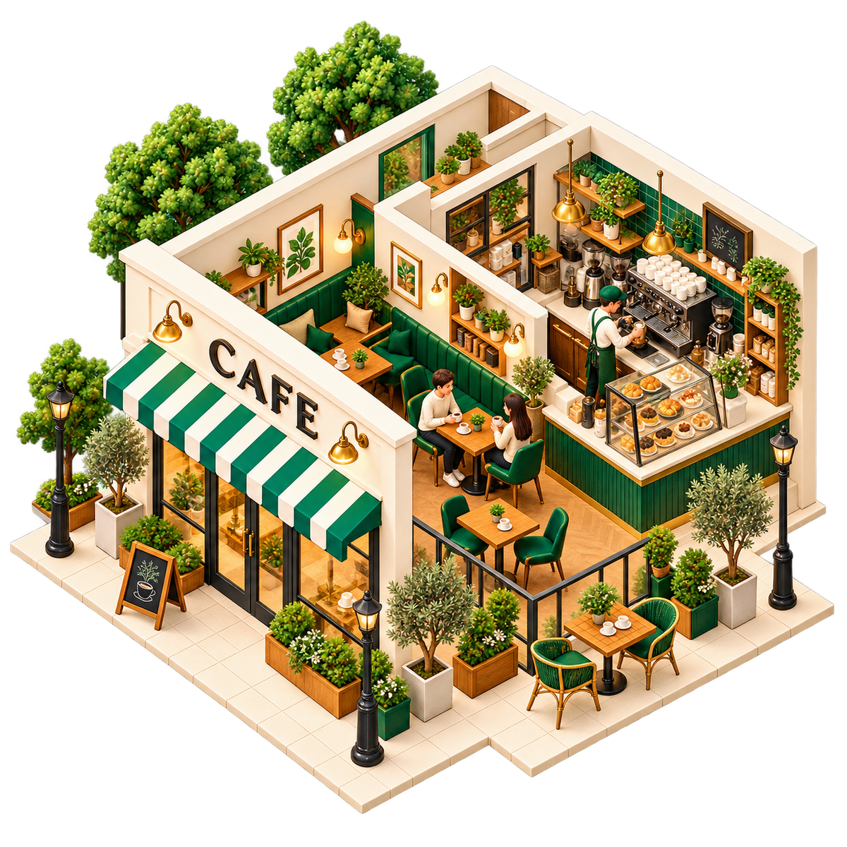 HeyLane Cafés — a detailed neighbourhood business illustration