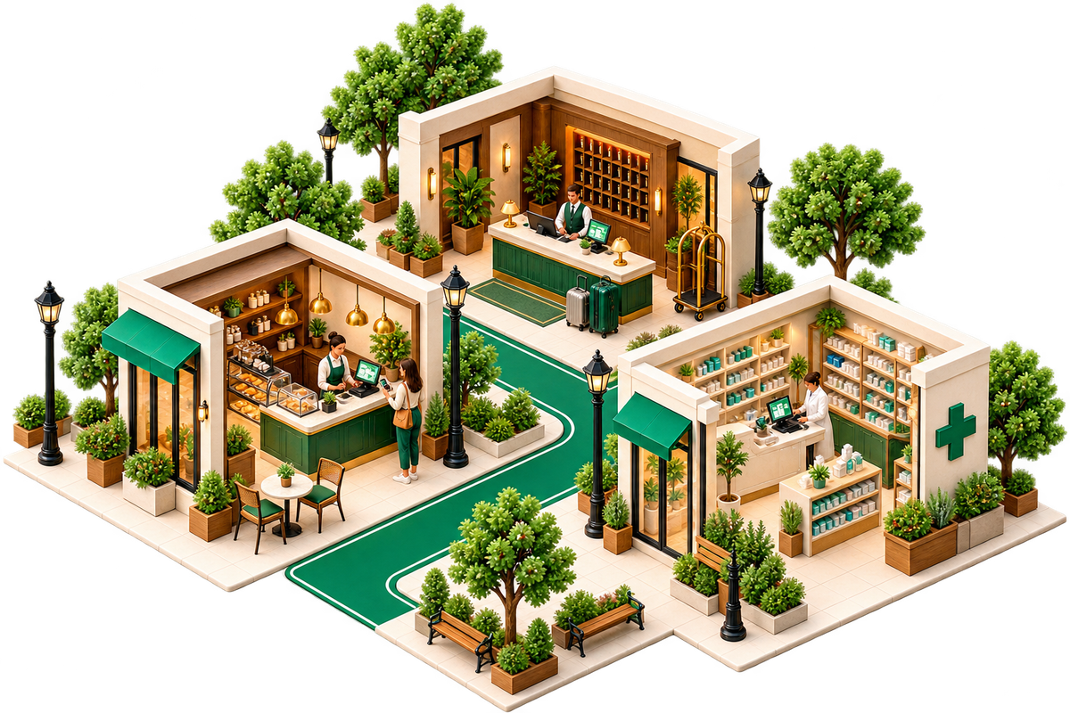HeyLane The platform — a detailed neighbourhood business illustration
