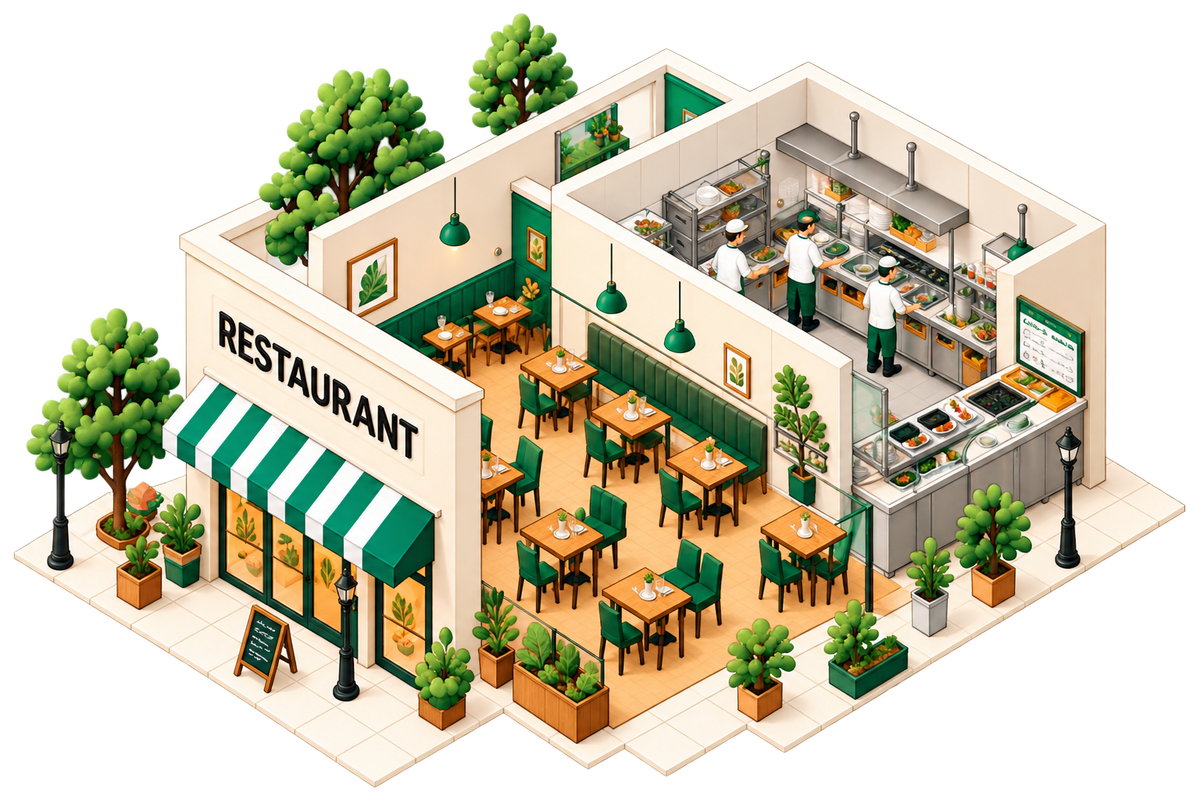 HeyLane Restaurants — a detailed neighbourhood business illustration
